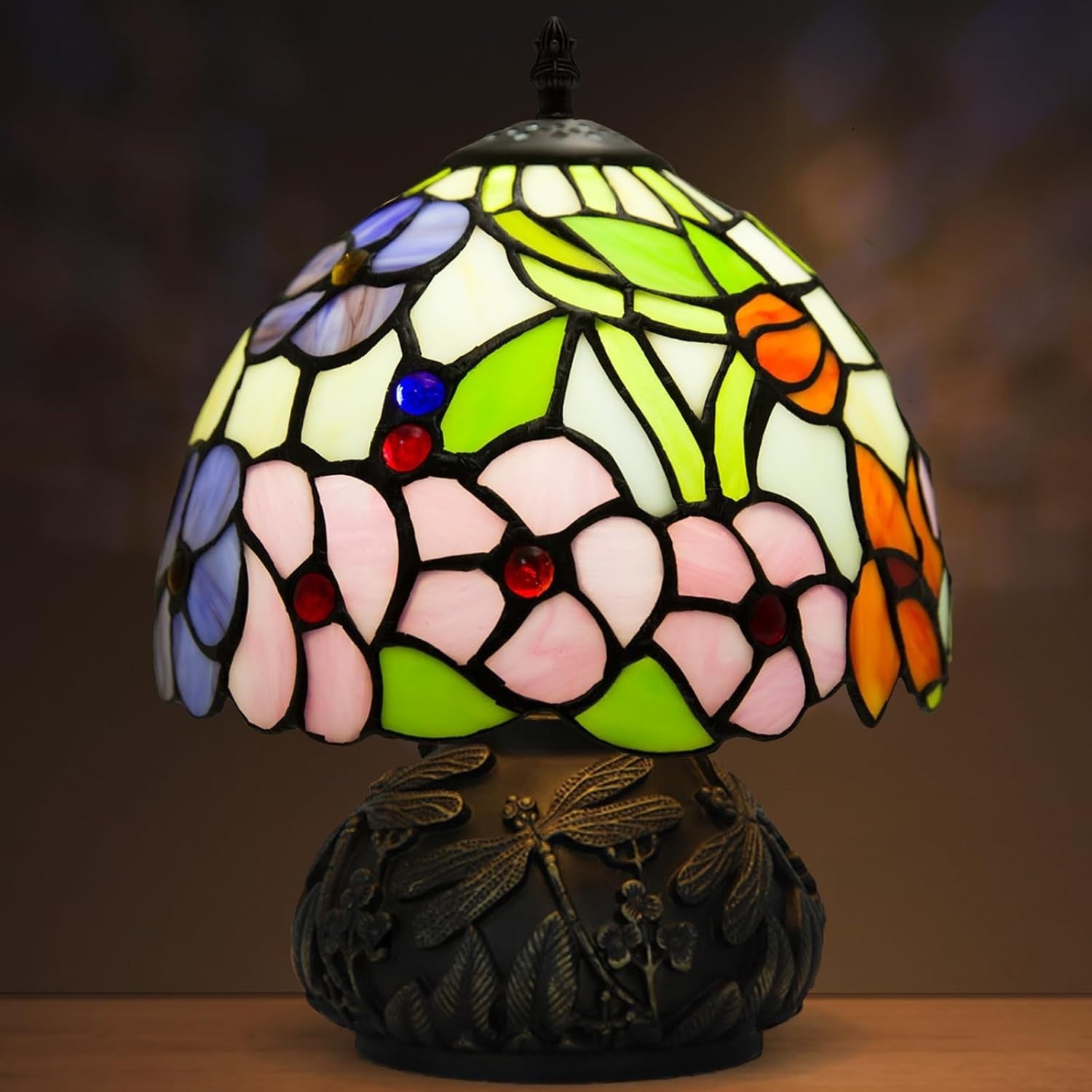 Stained Glass Table Lamp 8x8x11in Four Leaf Flower 3 Light Modes