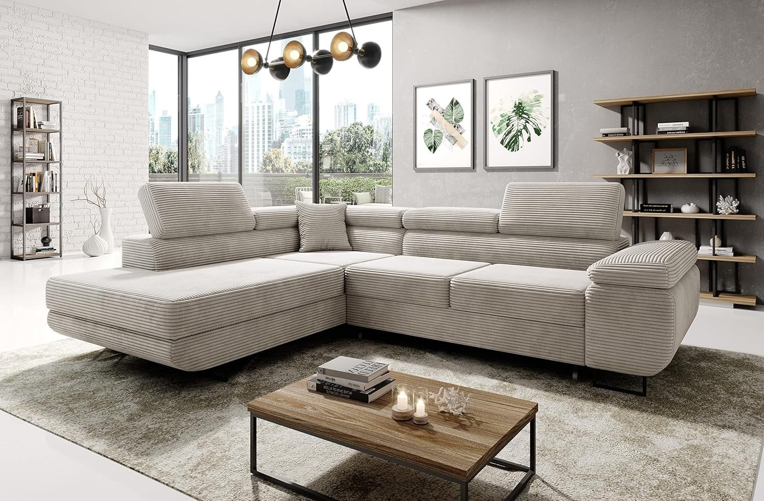 Cream Corduroy Corner Sofa Bed with Storage | L Shape Sleeper with Headrests