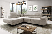 Cream Corduroy Corner Sofa Bed with Storage | L Shape Sleeper with Headrests