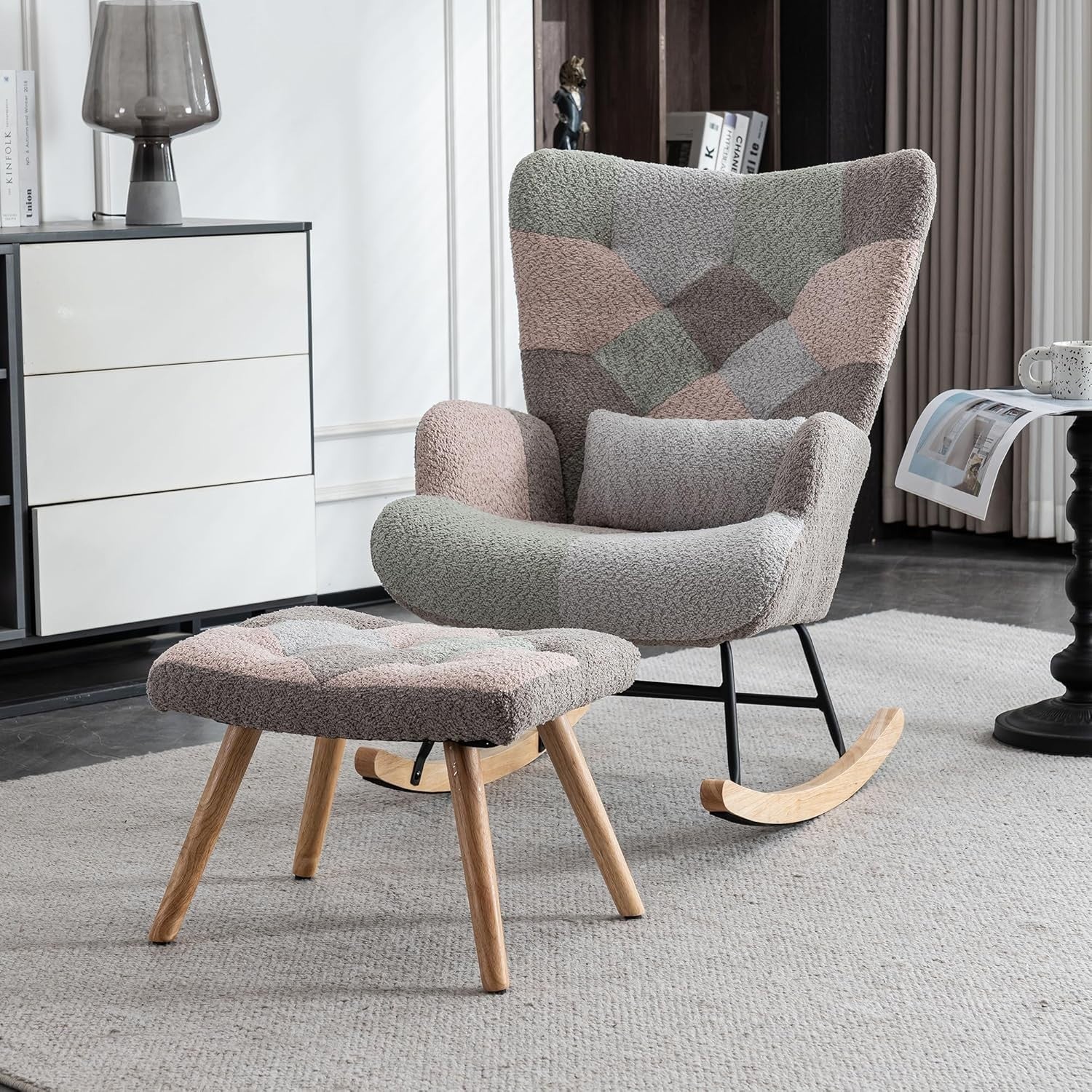 Rocking Chair w/ Footstool Wingback Ergonomic Lounge Seat for Reading Nursery