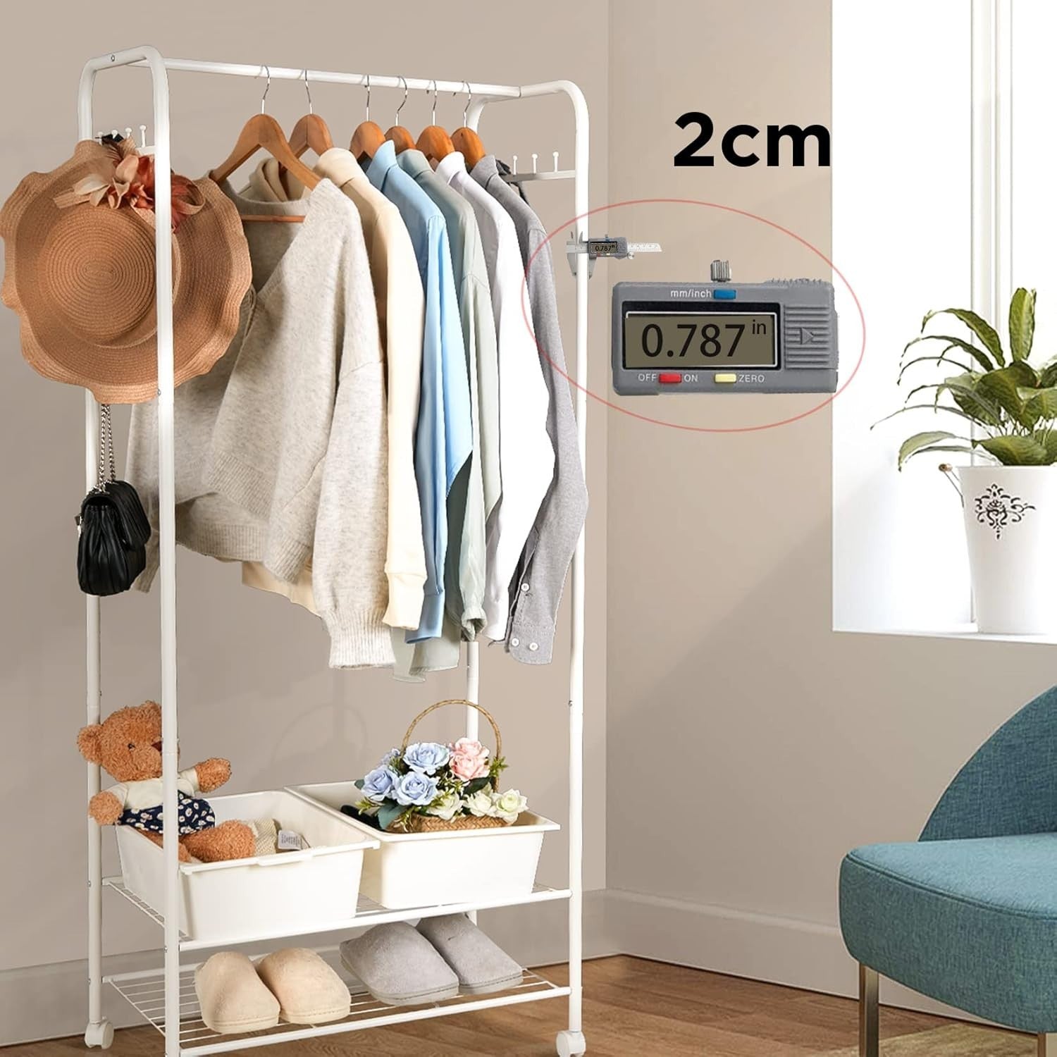 White Metal Clothes Rack with Shelves & Wheels 70x36x152cm