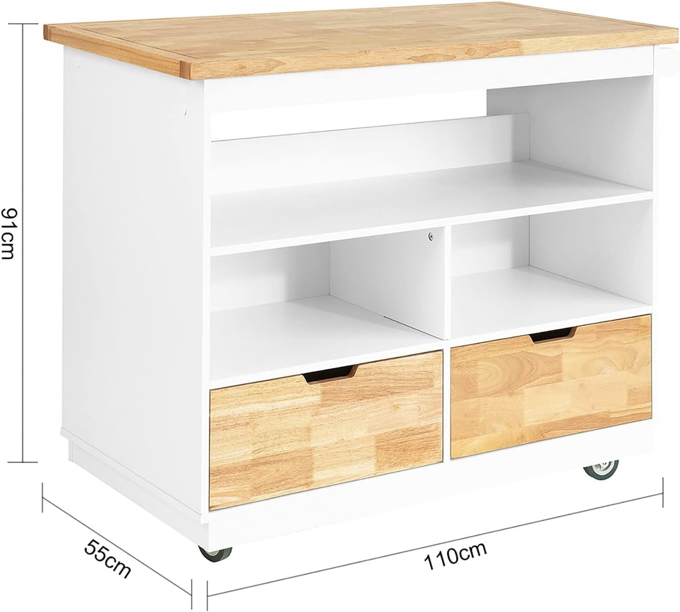 Kitchen Storage Trolley Island with Rubber Wood Worktop, Drawers & Wheels, 118x5