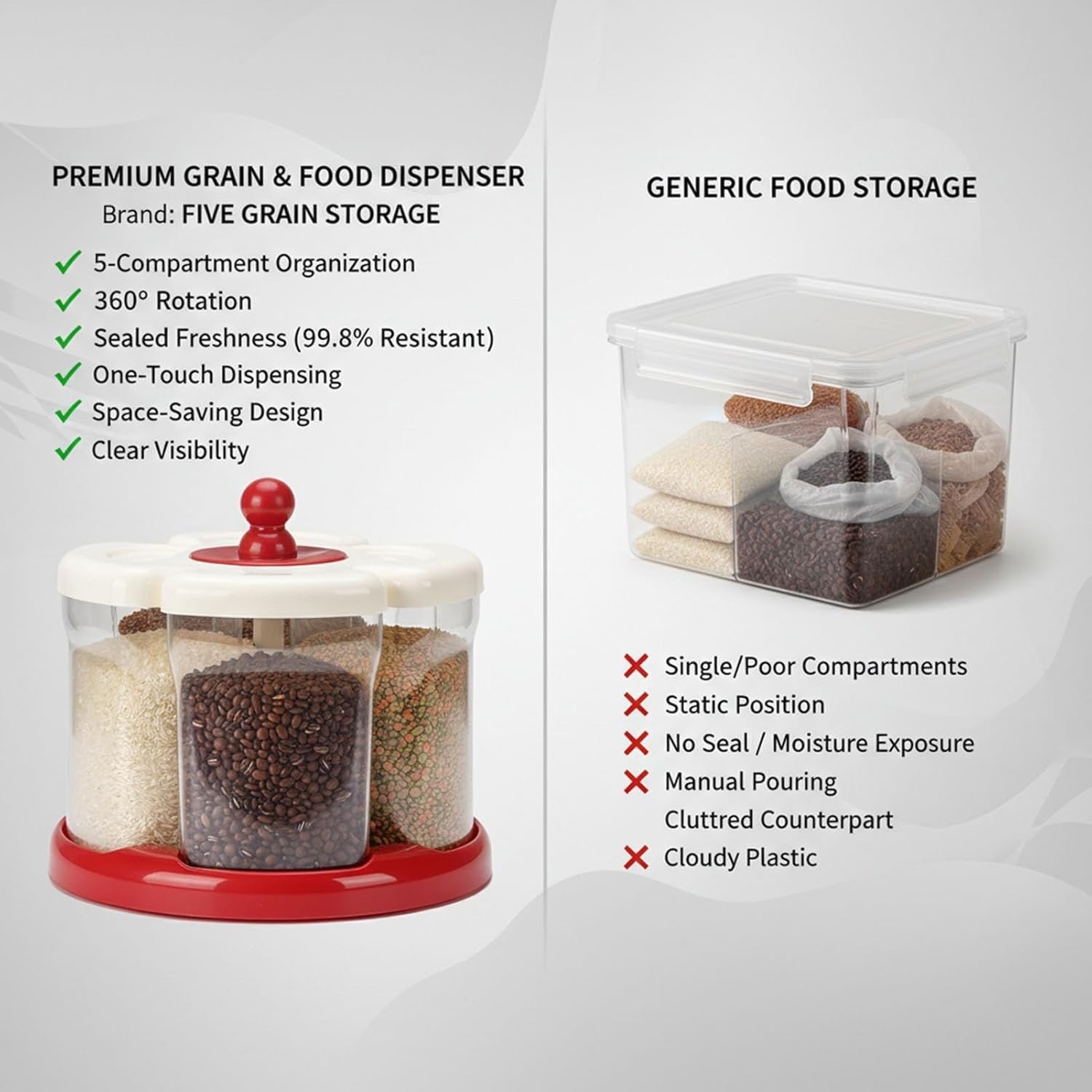 5 Grid Rotating Rice Dispenser Airtight Grain Storage Container Bin