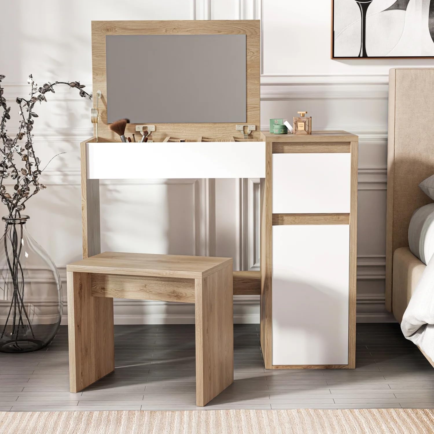 Makeup Vanity Desk with Flip-Up Mirror Storage Drawer Stool Oak/White