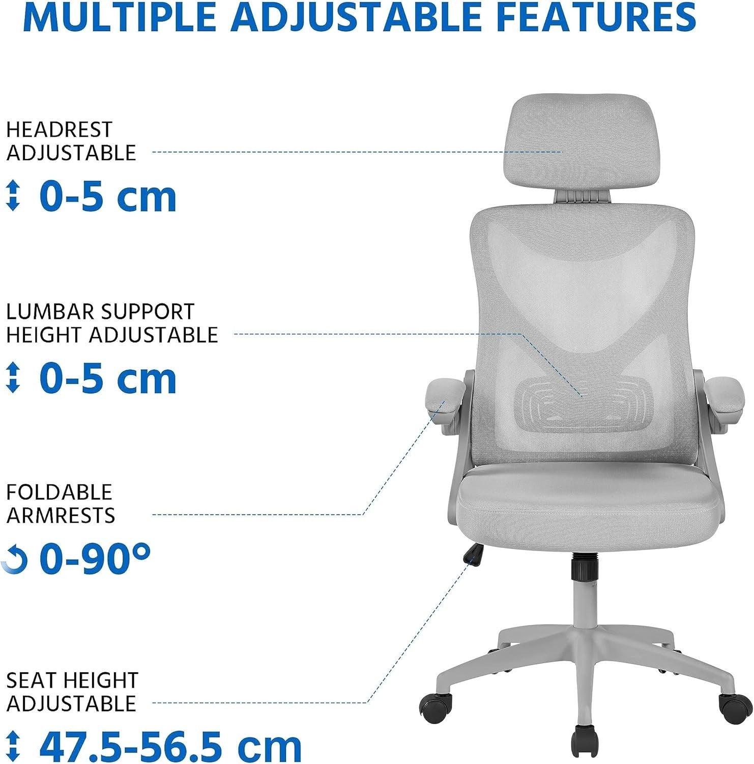 Ergonomic Mesh Office Chair Cushion Seat Headrest Adjustable Lumbar Support Grey