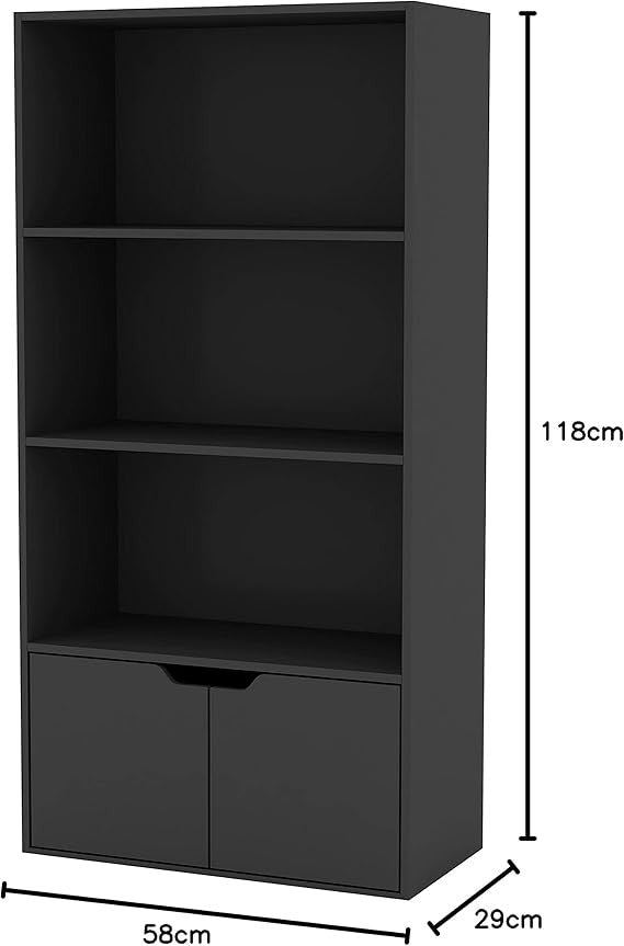 Modern 4-Tier Wide Bookcase Storage Unit with Cupboard Doors – Black Shelf