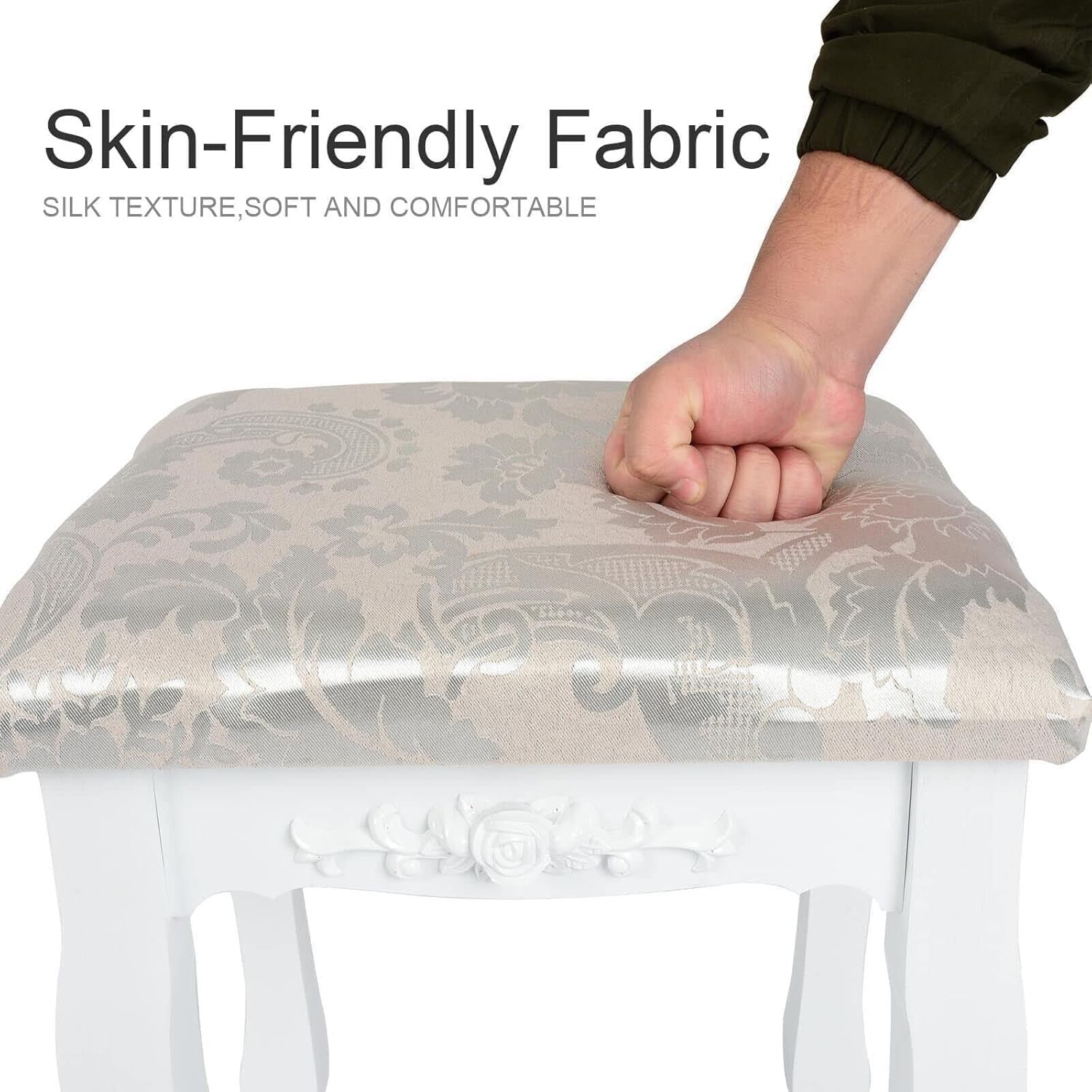 White Baroque Vanity Stool with Rubberwood Legs – Elegant Dressing Chair