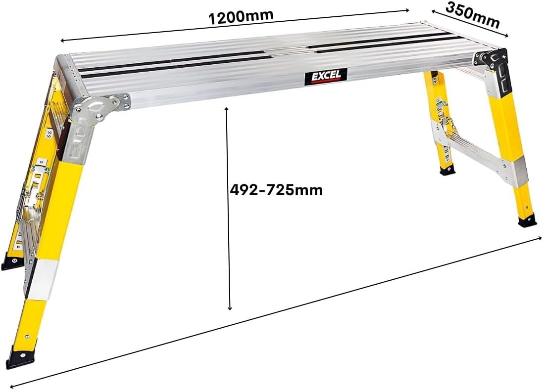 2x Fibreglass Folding Work Platforms Adjustable Height 1200x350 Heavy Duty