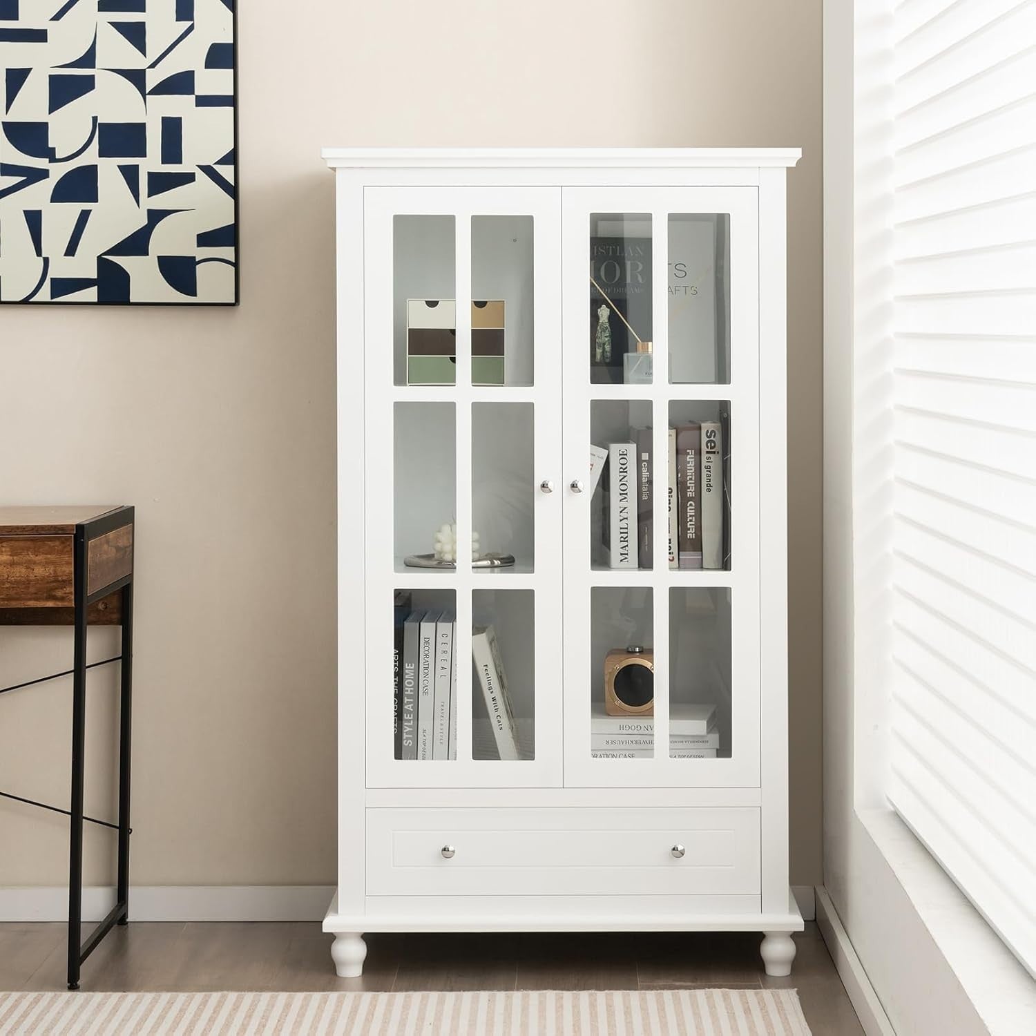 Modern White Bookcase with Glass Doors Drawer Adjustable Shelf Storage Unit