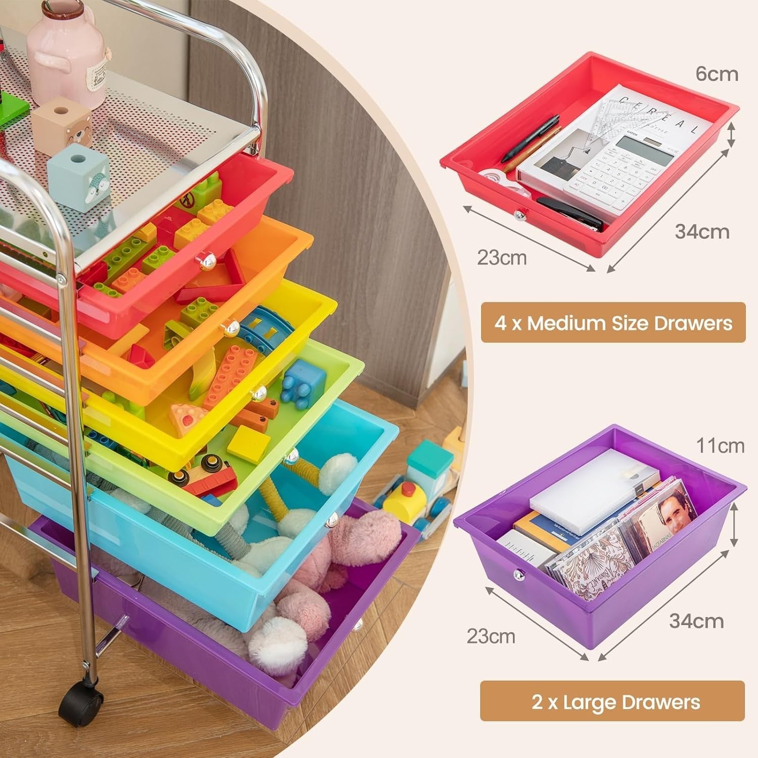 6 Drawer Rainbow Storage Trolley Rolling Organizer Cart with Wheels