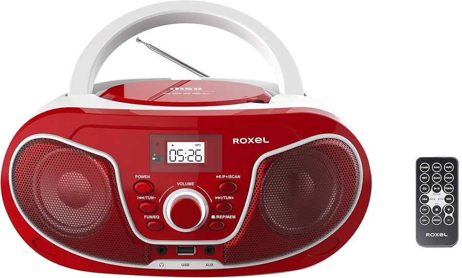 Red Portable Boombox CD Player FM Radio USB AUX Bluetooth Remote