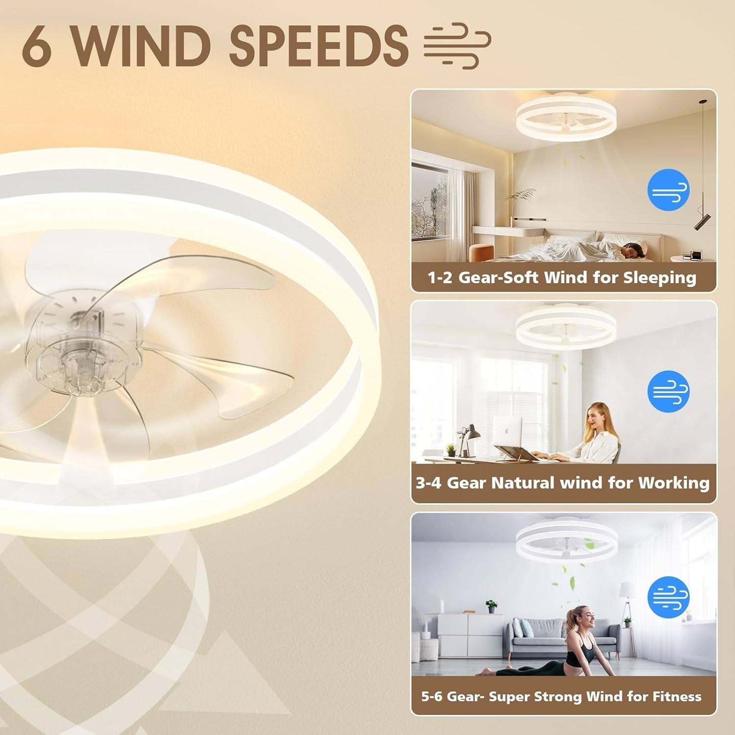 40cm LED Ceiling Fan Light with Remote, 6 Speeds, Dimmable, Quiet Airflow