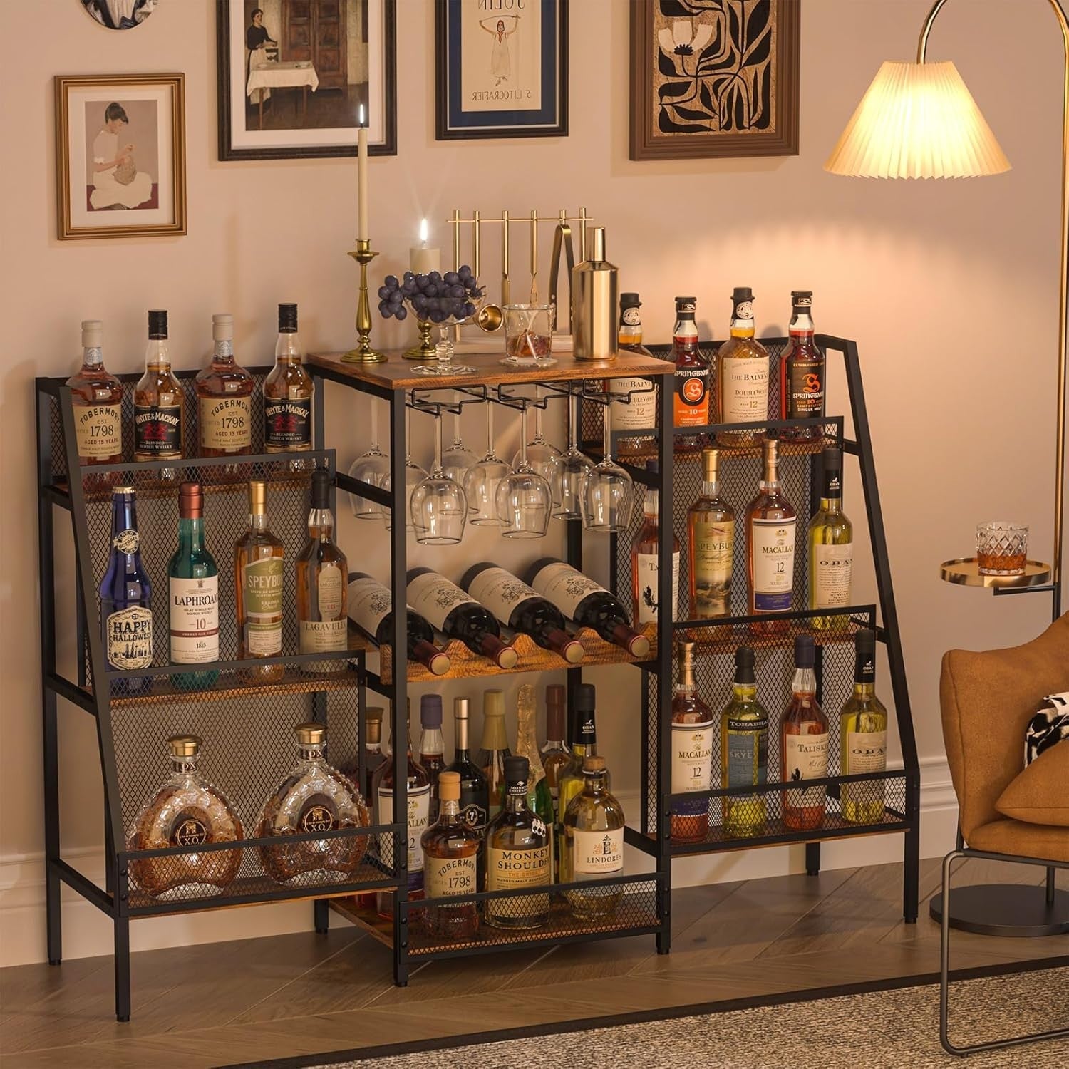 Freestanding Bar Stand with Glass Holder, 6-Tier Liquor Display Shelf Vintage