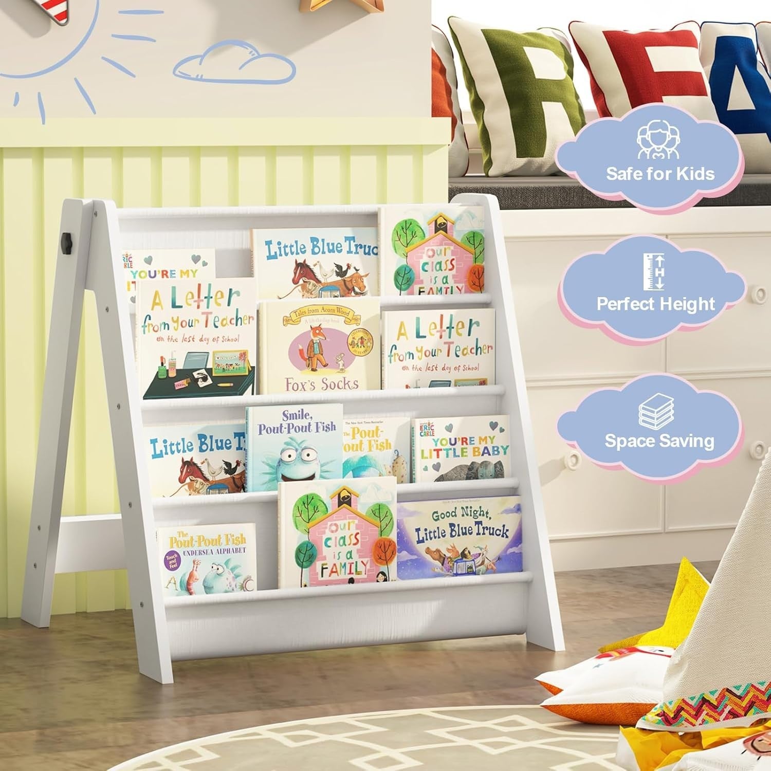 4-Tier Foldable Kids Bookshelf with Deep Fabric Pockets Storage Rack