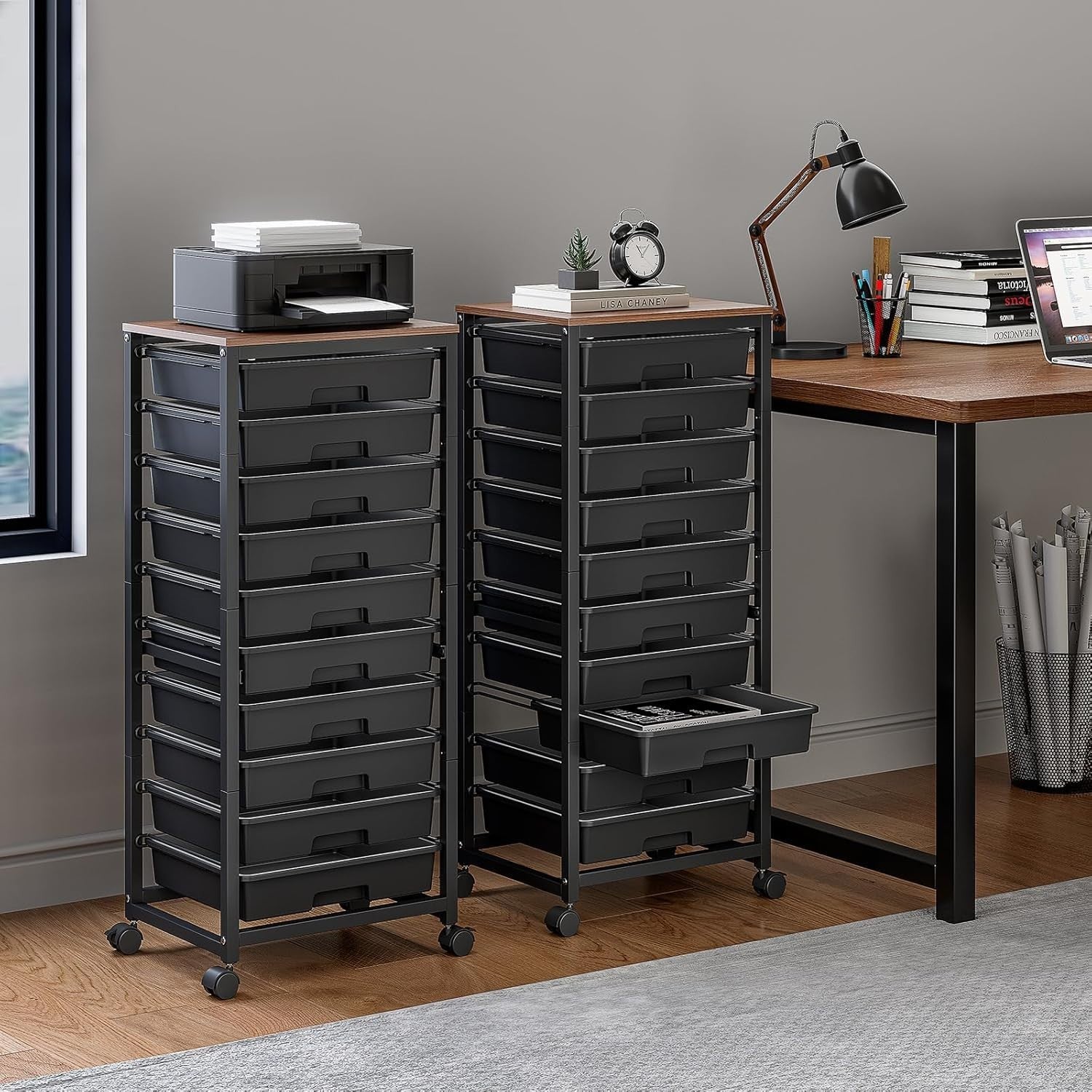 Black 10 Drawer Rolling Storage Trolley Craft Organizer with Wooden Top