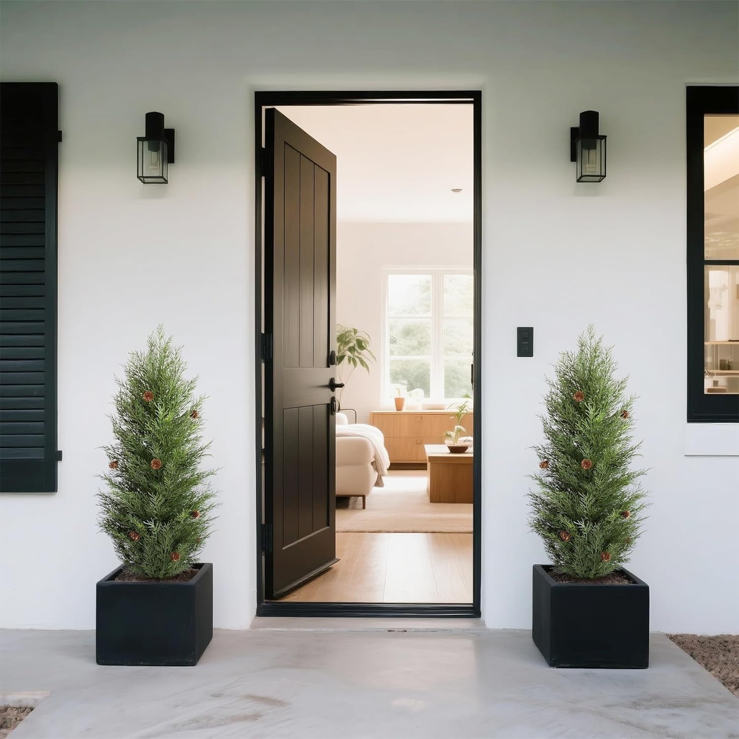3ft Cedar Topiary Trees with Pine Cones Set of 2 Indoor Outdoor Home Decoration