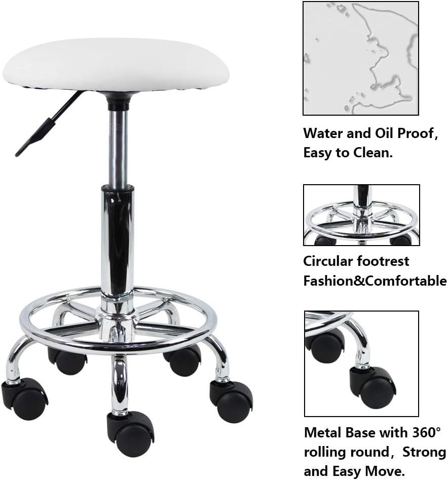 White Adjustable Swivel Rolling Stool with Wheels – PU Leather Seat