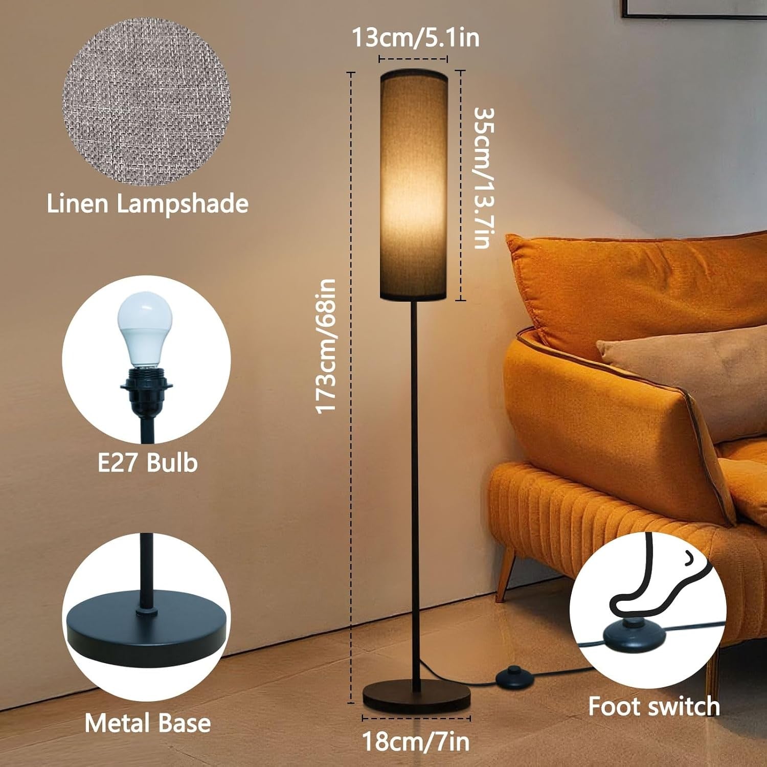 Tall Floor Lamp Black Fabric Shade 68in Standing Light Foot Switch
