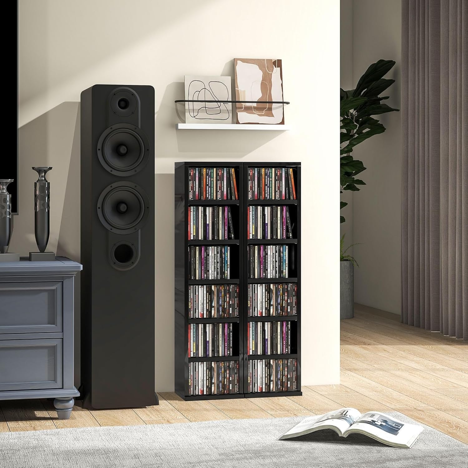 Set of 2 High Gloss Black Media Storage Towers – Adjustable CD DVD Blu-Ray Racks