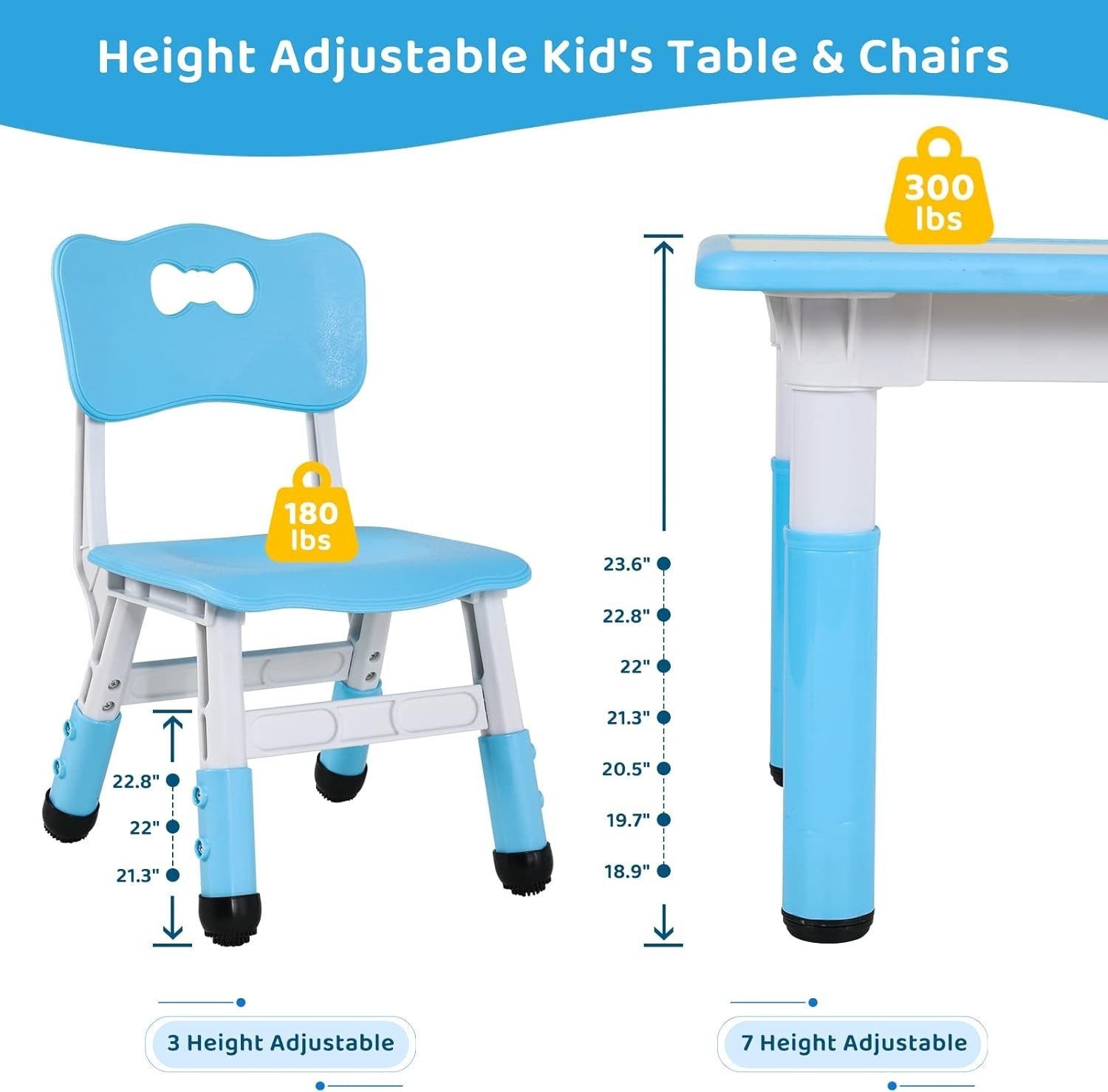 Kids Table and 4 Chairs Set Adjustable Height Study Play Dining Furniture Blue
