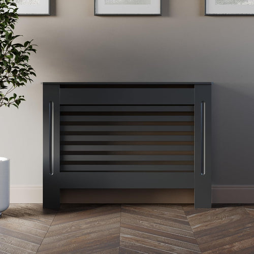 Grey Radiator Cover Modern Horizontal Slat W112xH81.5cm MDF Heater Cabinet