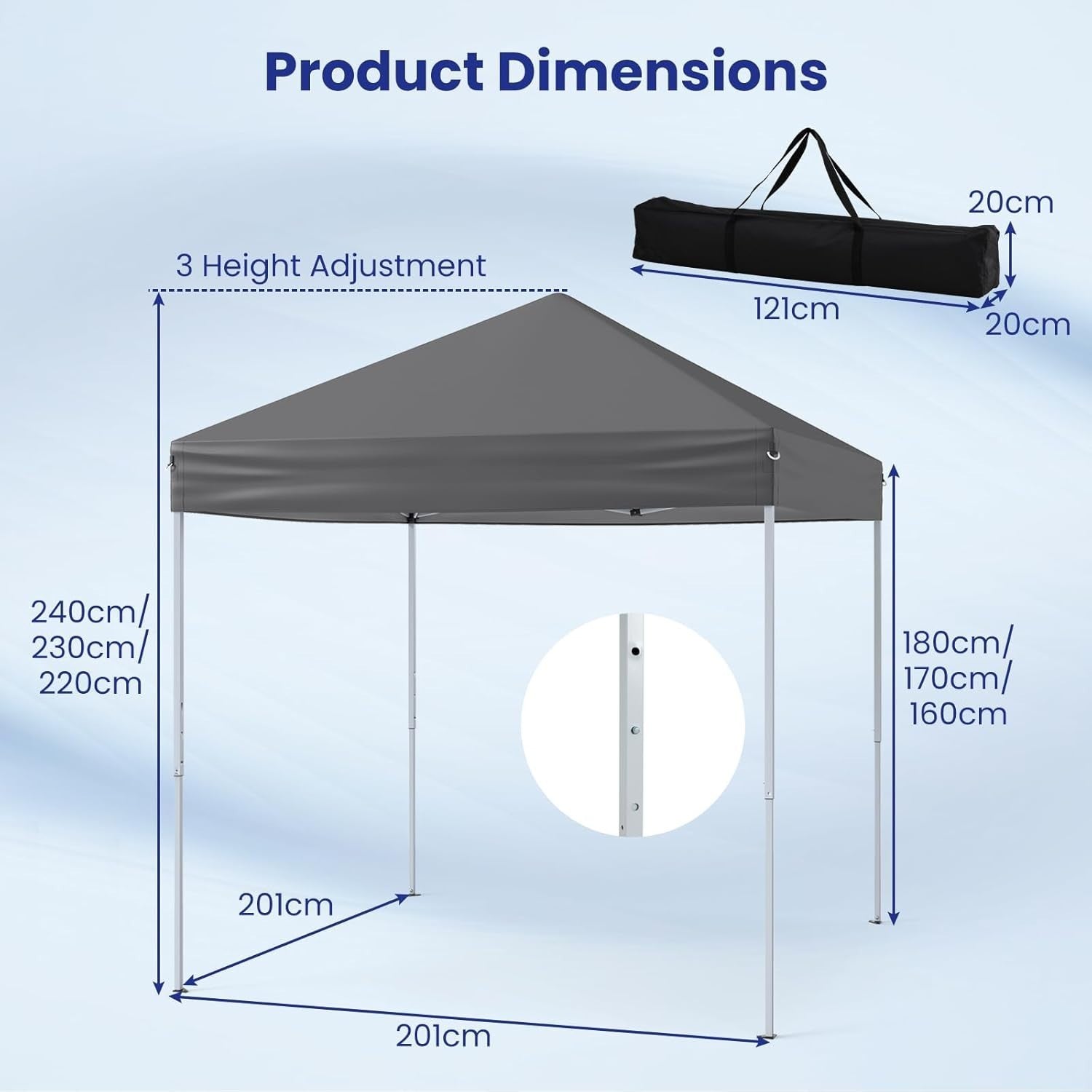 2x2m Pop Up Gazebo Adjustable Waterproof Sun Shelter w/ Carry Bag Grey