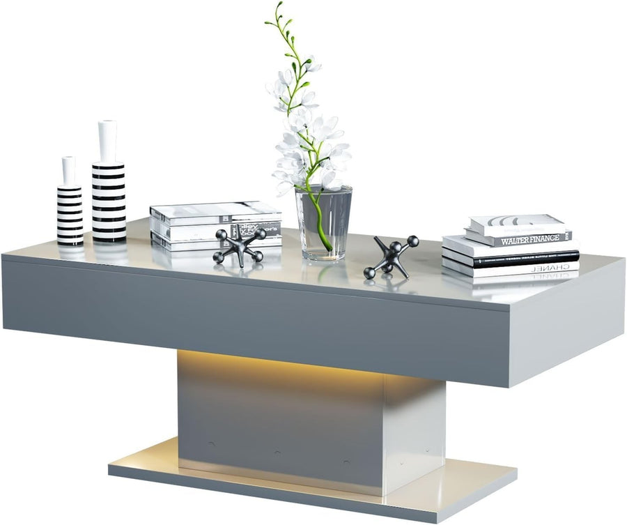 Modern Grey LED Coffee Table, High Gloss Rectangular 110x55cm