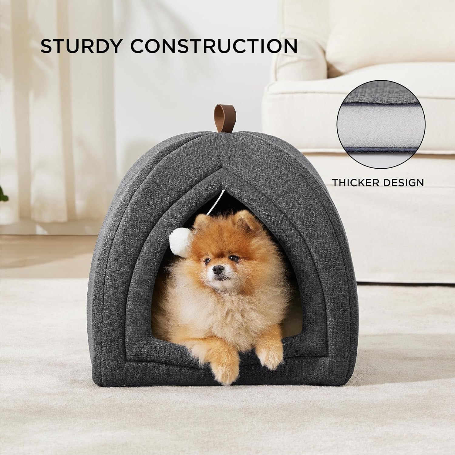 Large Cat Cave Bed 44cm Igloo Tent Washable Cushion Grey