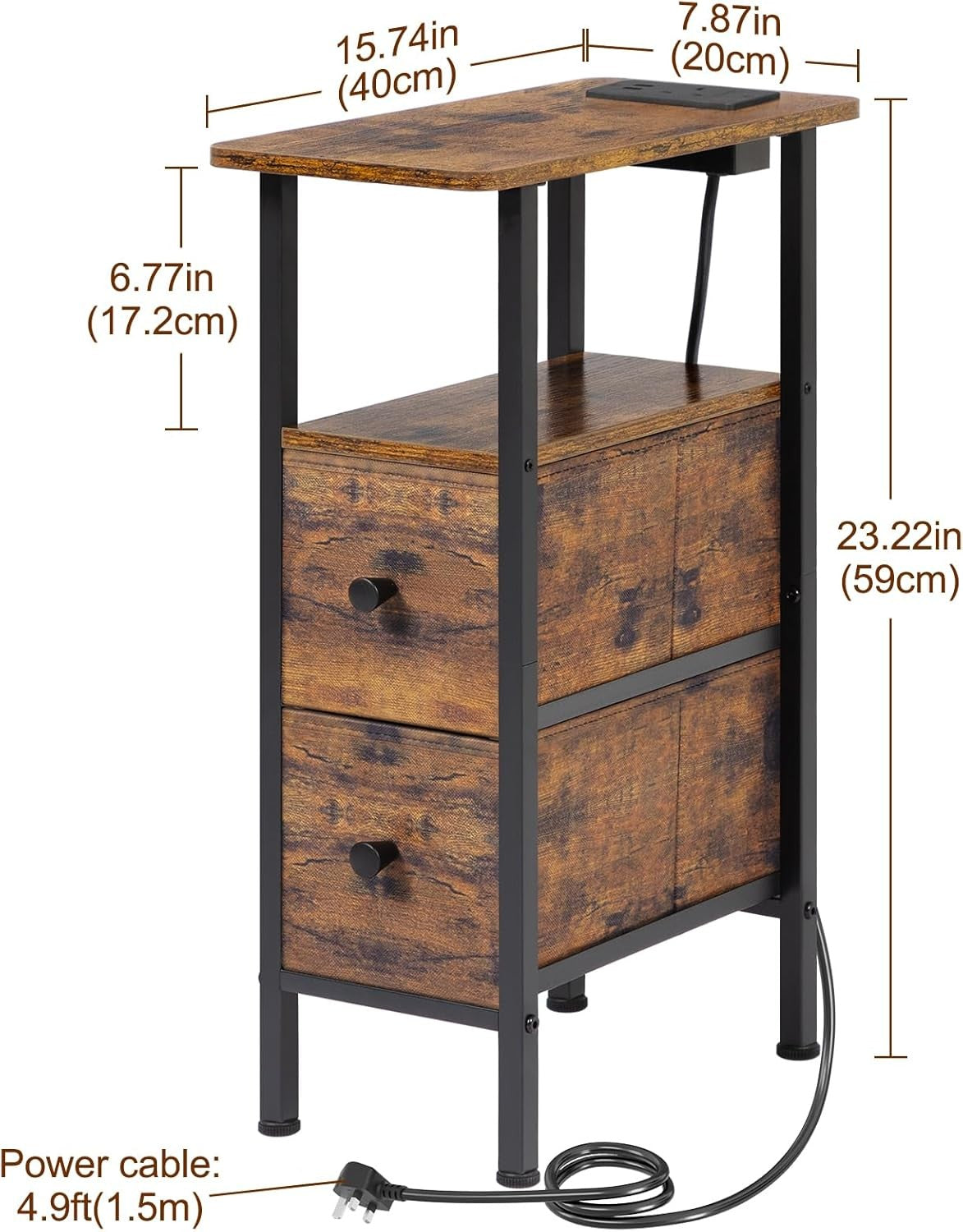 Rustic Slim Bedside Table with Charging Station, 2 Drawers & Open Shelf Storage