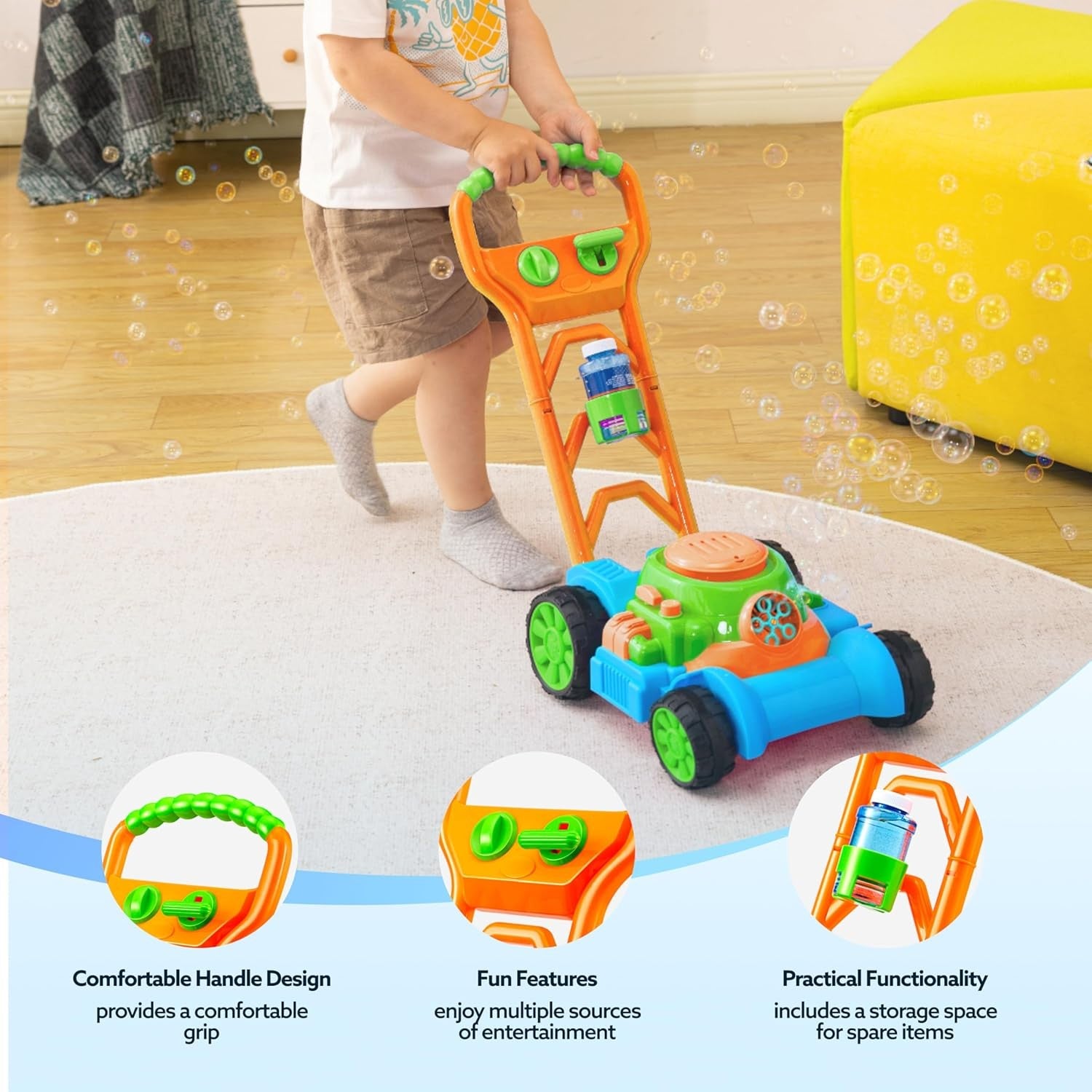 Bubble Lawn Mower Toddler Push Toy Outdoor Bubble Machine Blue Kids