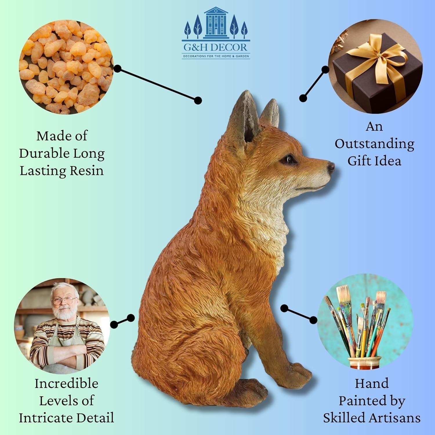 Realistic Sitting Fox Garden Ornament | Large Weatherproof Resin Woodland Decor