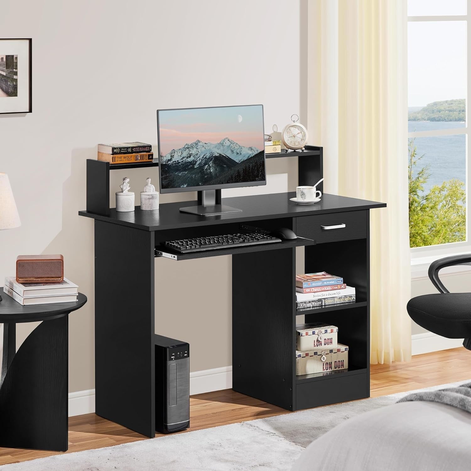 Black Computer Desk with Drawers Storage Shelf Keyboard Tray Home Office