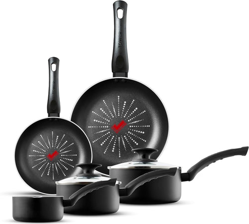 5Pcs Black Smart Start Non Stick Cookware Set, Oven Safe, Easy Clean, PFOA-Free