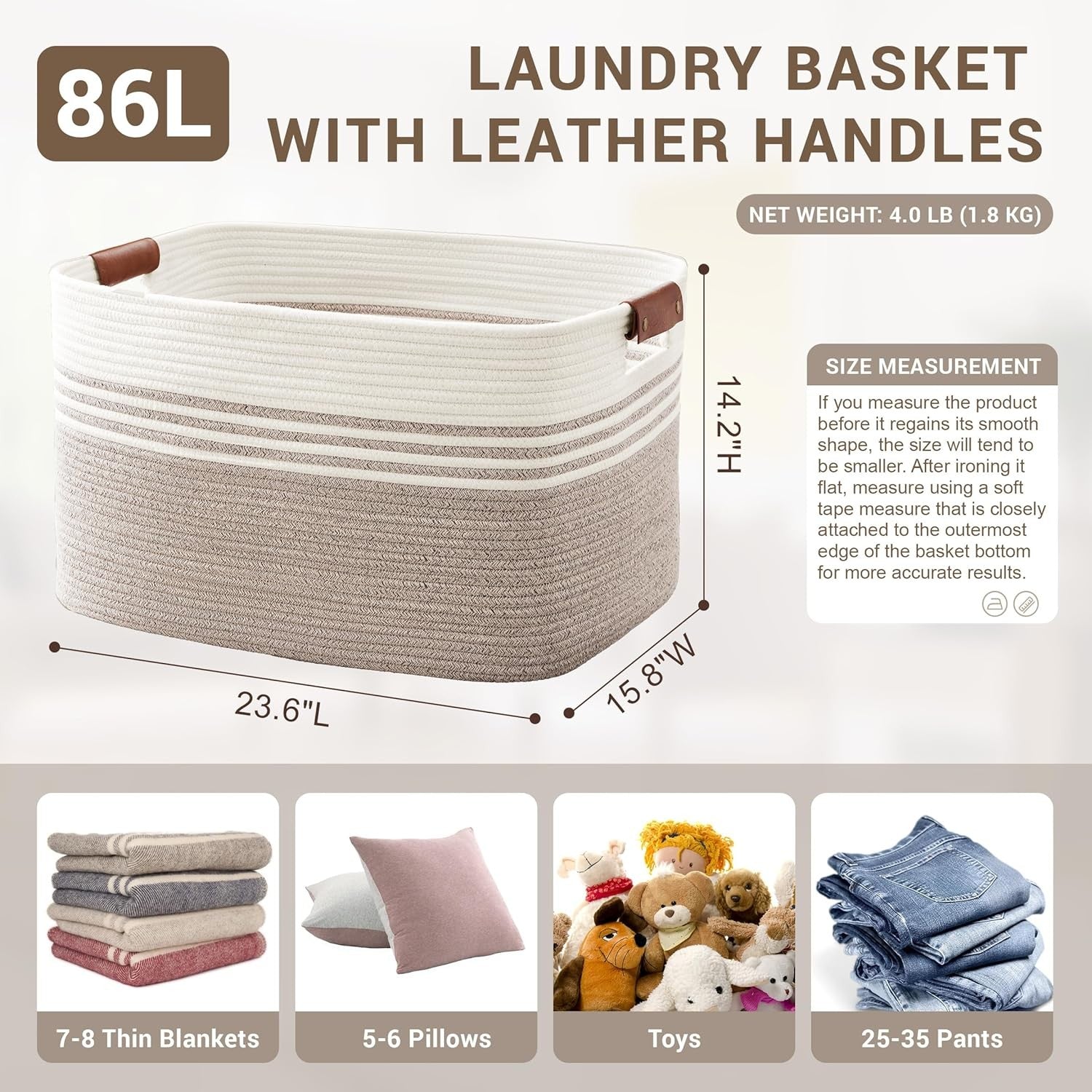 86L Large Woven Laundry Hamper with Leather Handles, Extra Storage Basket White