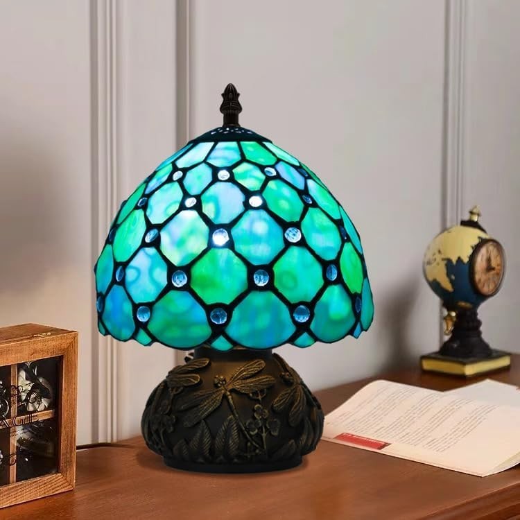Tiffany Style Stained Glass Desk Lamp with Dragonfly Base, 3 Color Modes