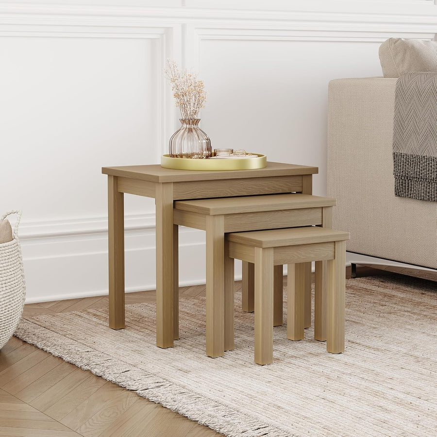 Space Saving Nest of 3 Coffee Tables Natural Oak Wood Veneer Square