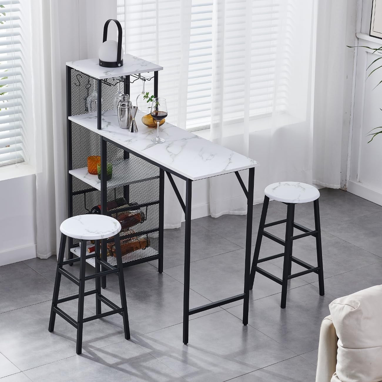 3Pcs Bar Table Set with Stools Wine Rack Cup Holder White Marble Dining Unit