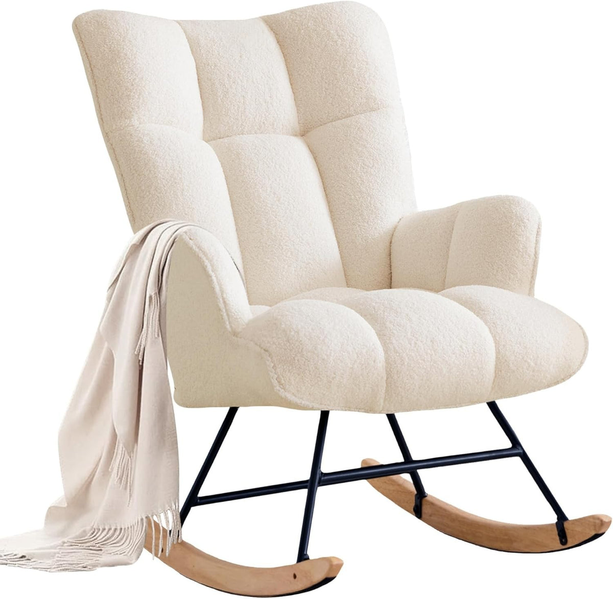 Rocking Chair Nursery Glider Comfy Armchair High Back Padded Seat Ivory Teddy