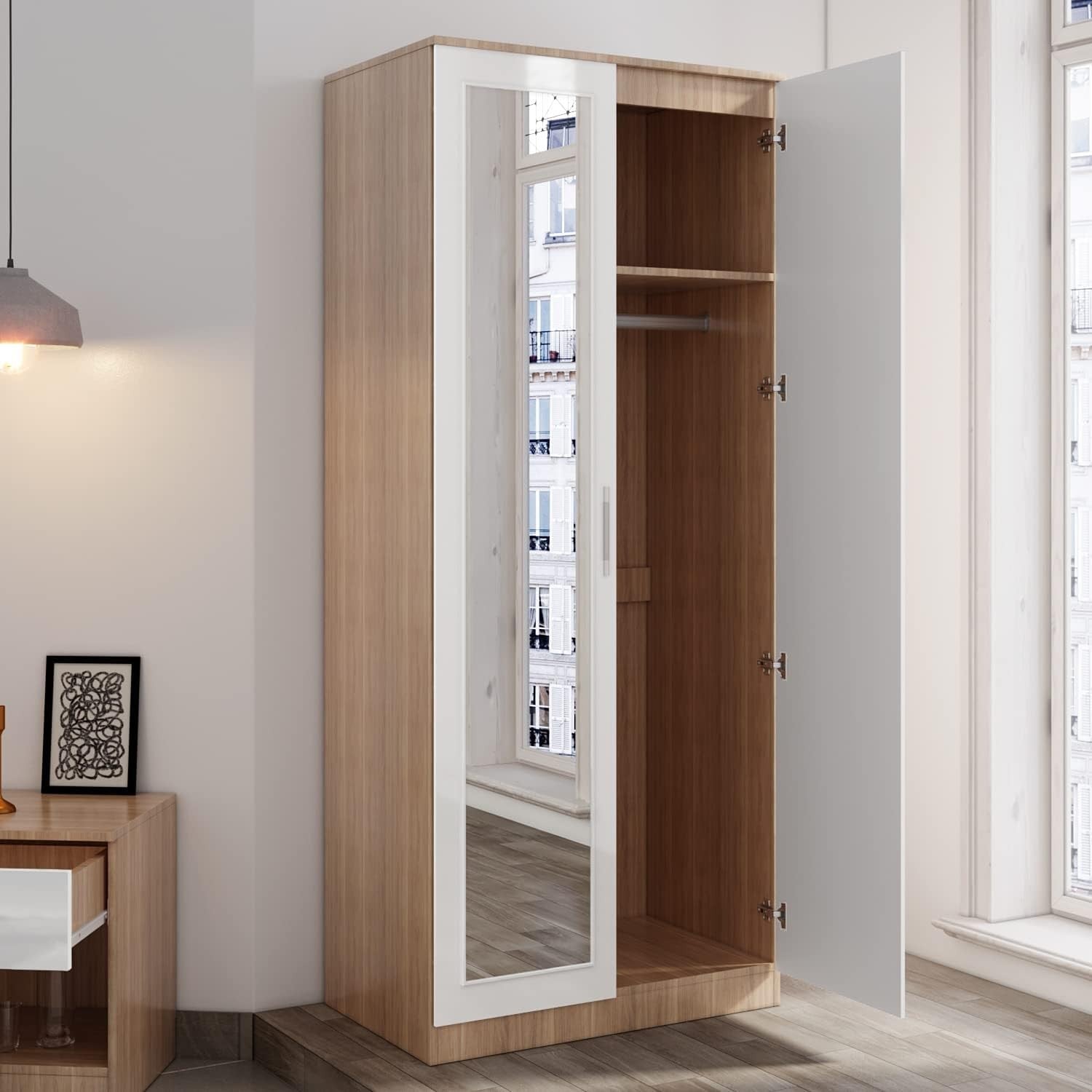 2 Door Mirrored Wardrobe High Gloss White Oak Bedroom Storage Unit