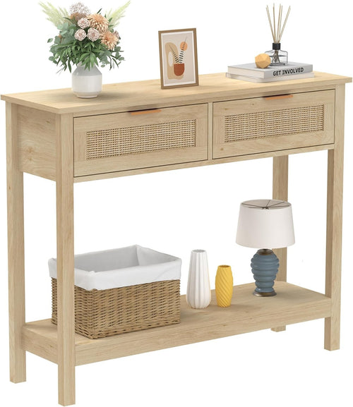 Boho Rattan Console Table with Drawers & Open Shelf, Rustic Entryway