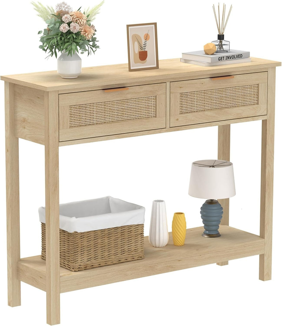 Boho Rattan Console Table with Drawers & Open Shelf, Rustic Entryway