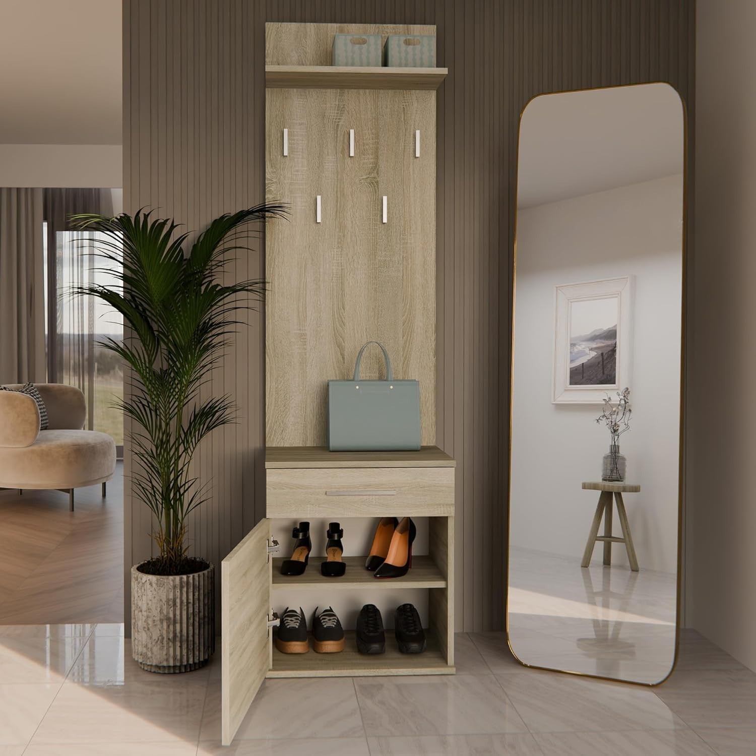 Slim Sonoma Oak Wardrobe with Hooks, Shelves & Storage | 180cm Hall Unit