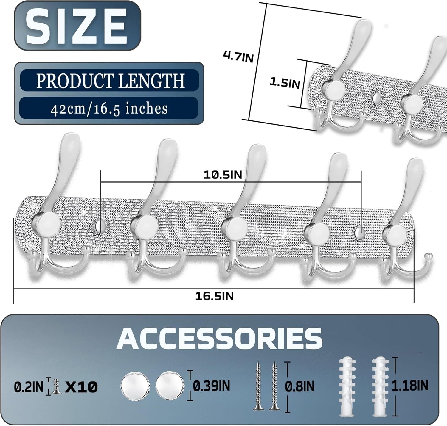 Luxury Wall Mounted Coat Rack Rhinestone Hooks 2Pack Heavy Duty Silver Hanger