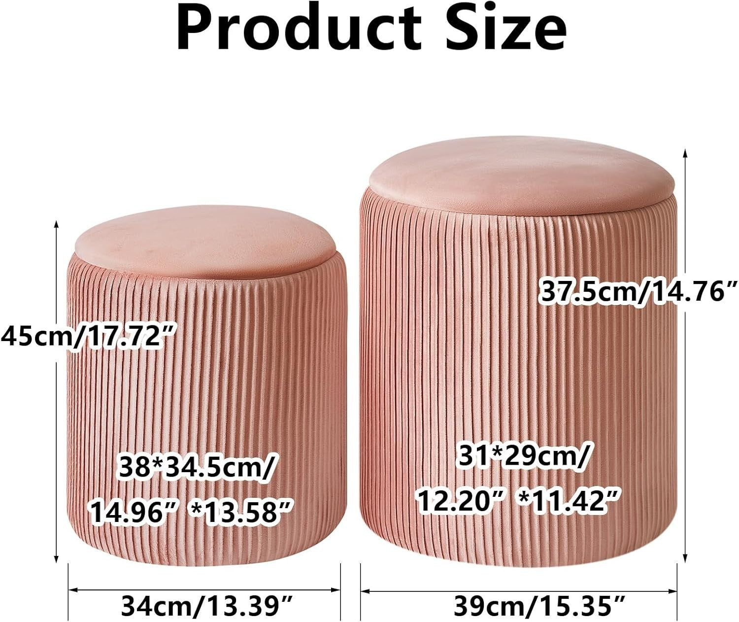Set of 2 Pink Round Storage Ottomans – Velvet Vanity Stools & Side Tables