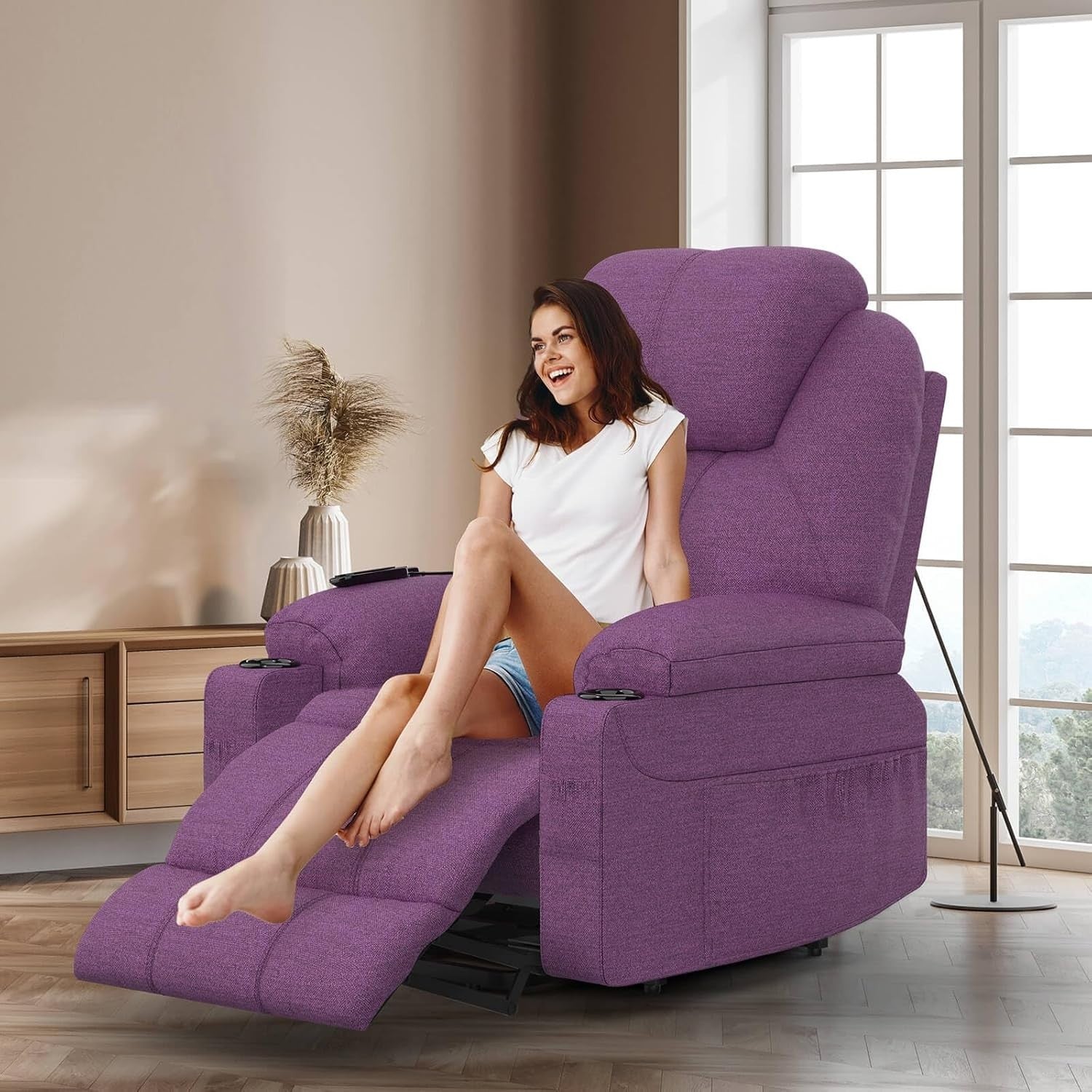 Power Lift Recliner Chair Massage Heat USB Type-C Cup Holders Fabric Purple
