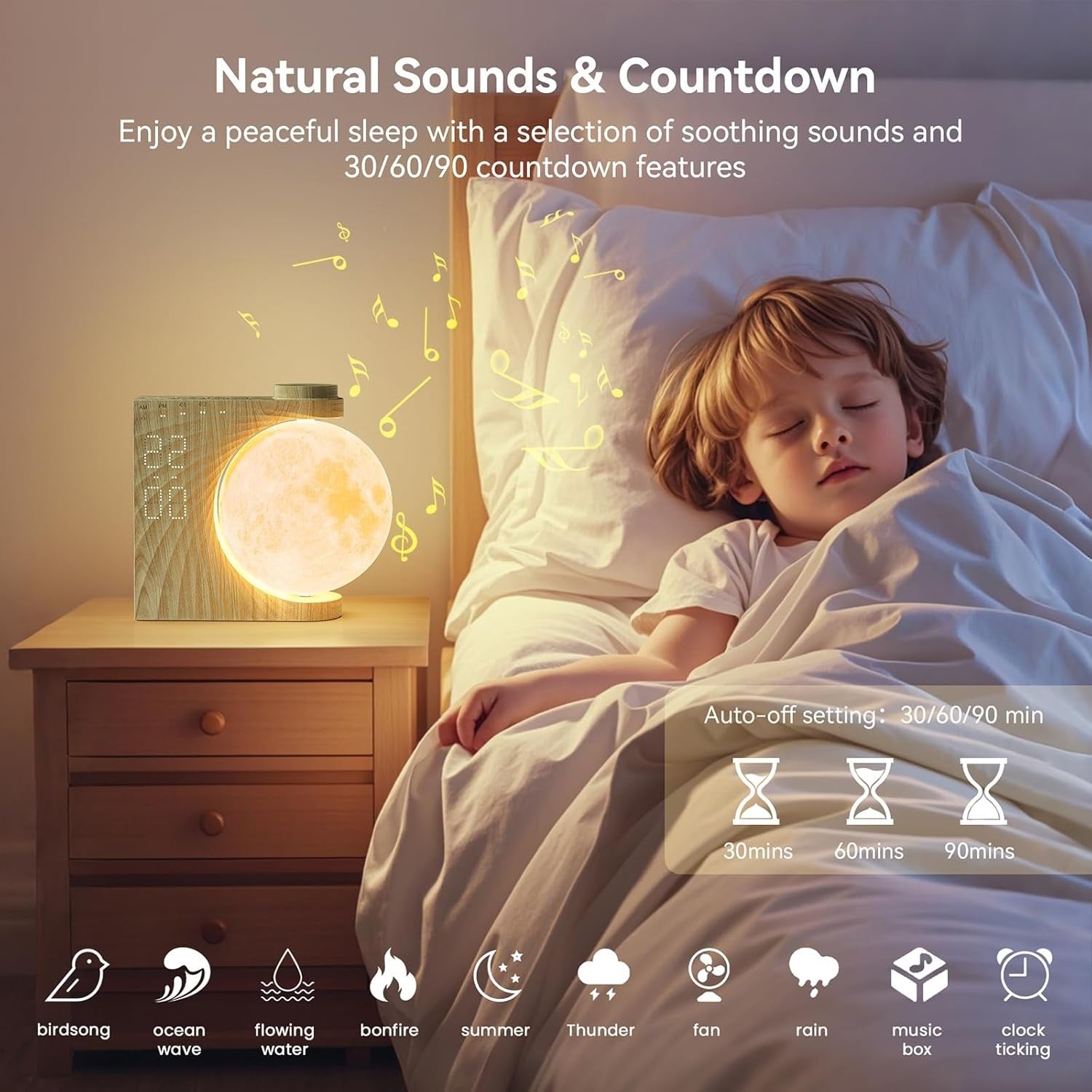 Sunrise Alarm Clock Moon Lamp Sleep Sounds Night Light Snooze Timer