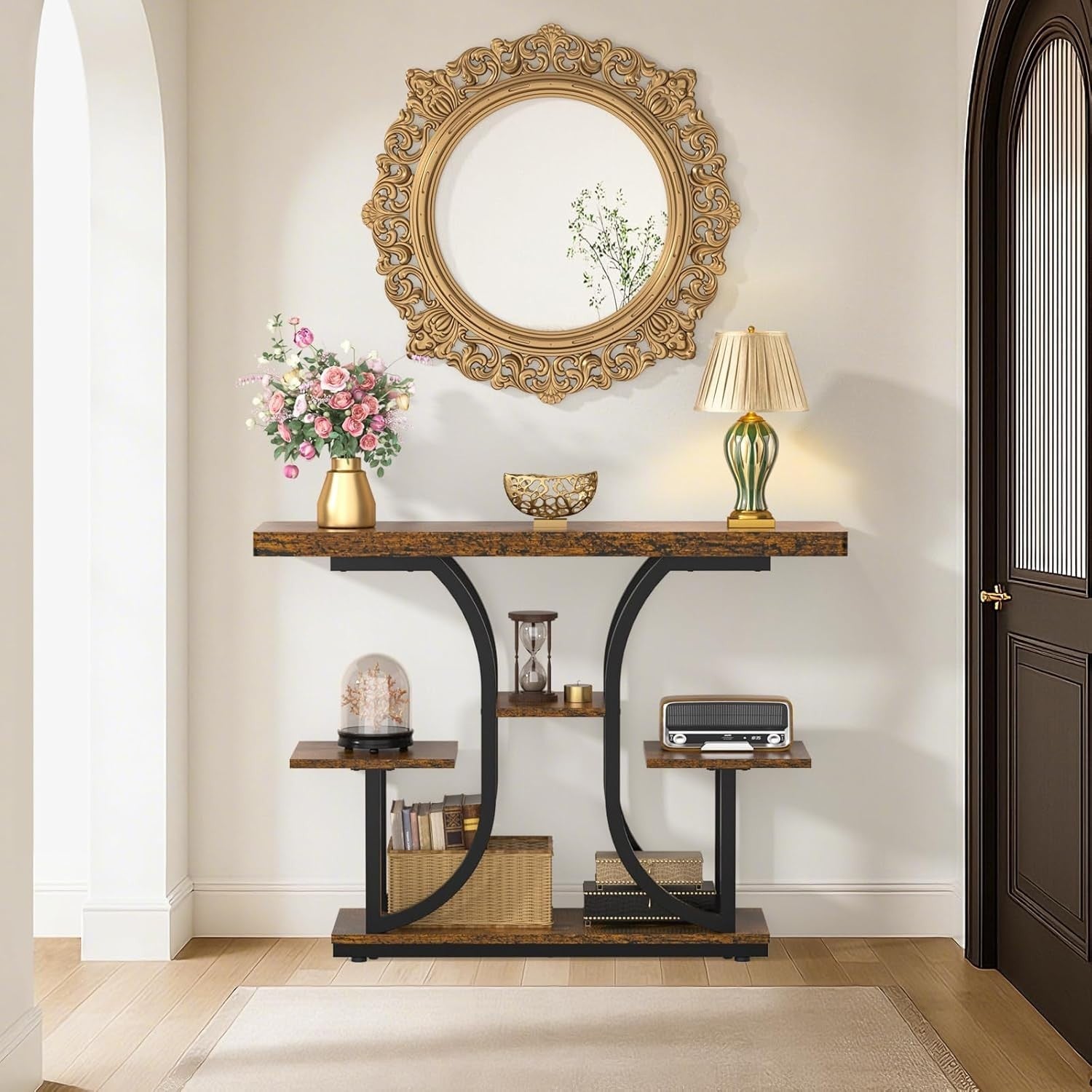 Slim Industrial Console Table with 4 Tiers & Curved Metal Frame