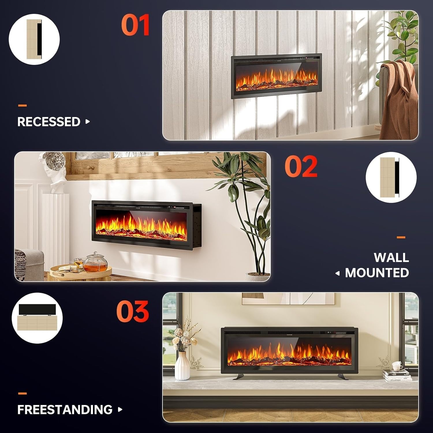 Electric Fireplace 40" Wall Mounted Heater WiFi LED Flame Remote Log Set