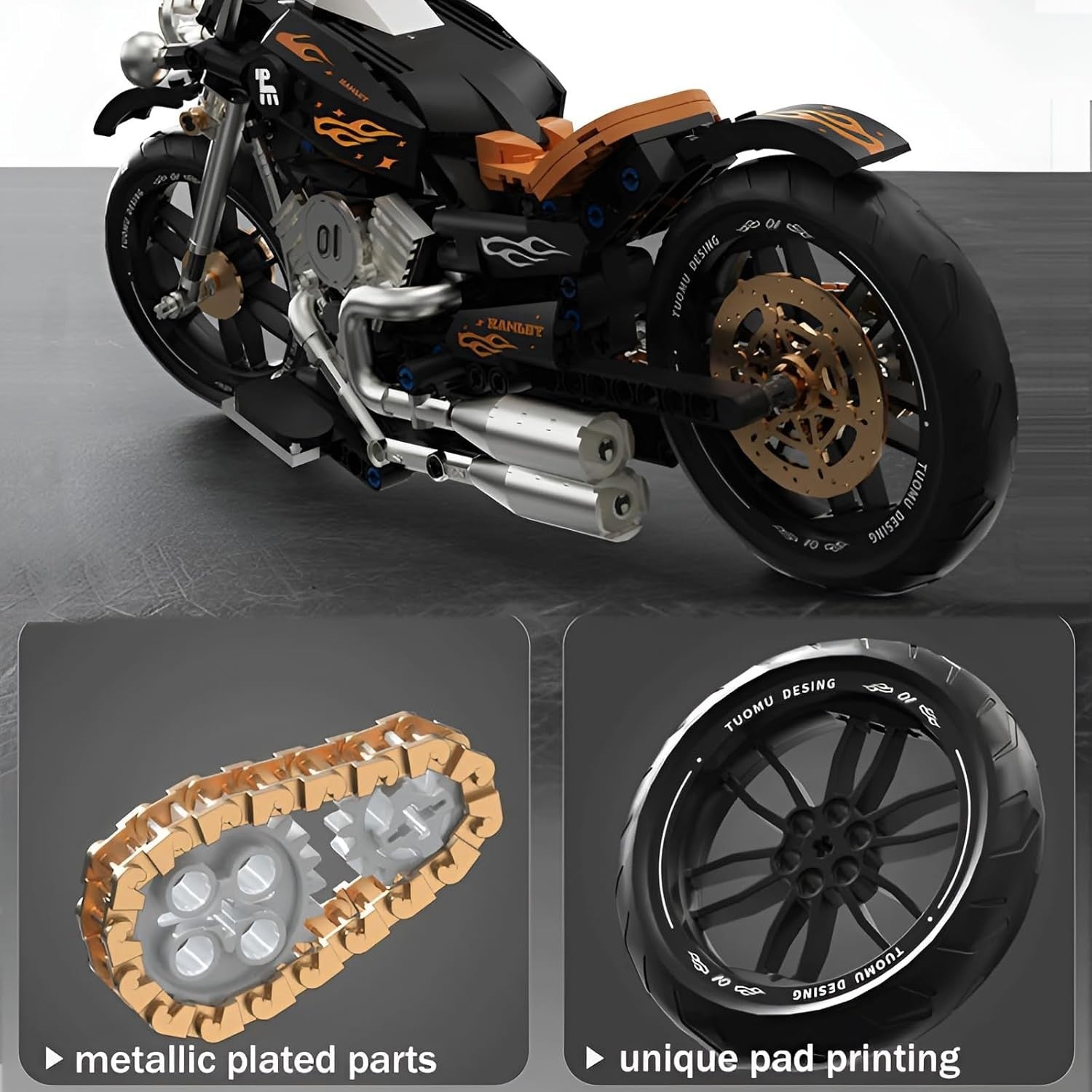 445-Piece Retro Motorcycle Model Kit with Chain Drive & Custom Stickers