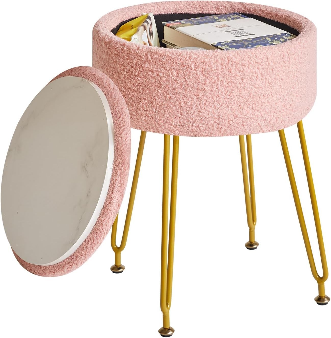 Pink Teddy Velvet Storage Footrest Stool – Vanity Seat with Golden Steel Legs